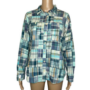 Women's Small L.L.Bean Blue Madras Plaid Cotton Patchwork Button Down Shirt